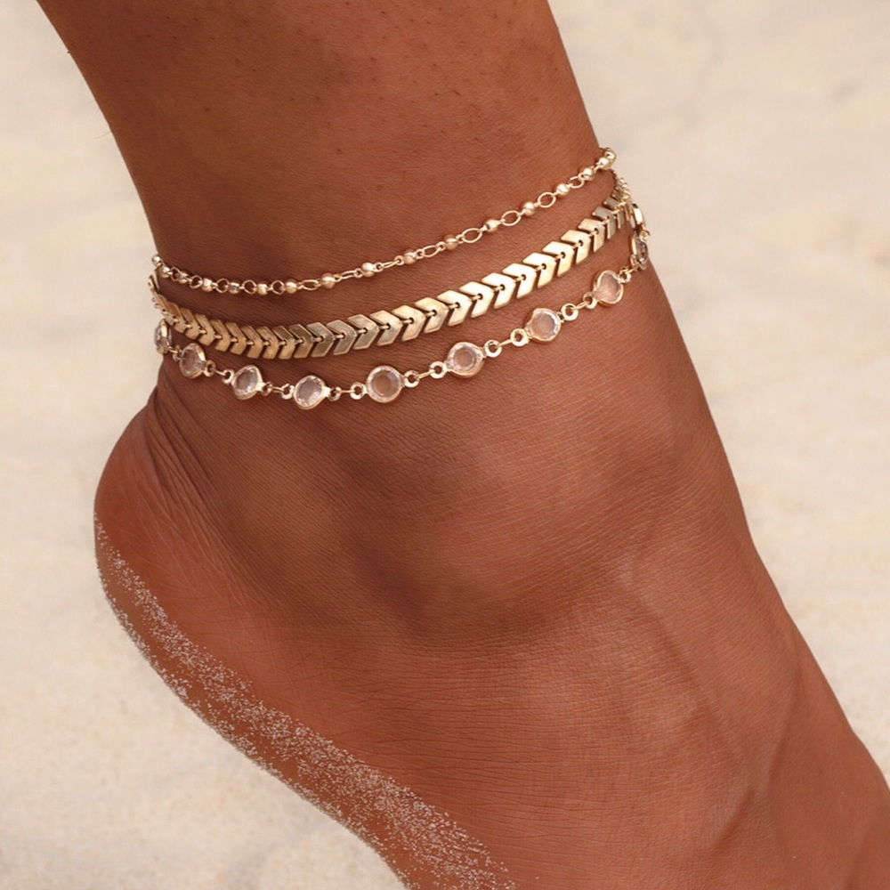 Bohemian 3 Piece Chevron Crystal Anklet Set - Picture 1 of 16
